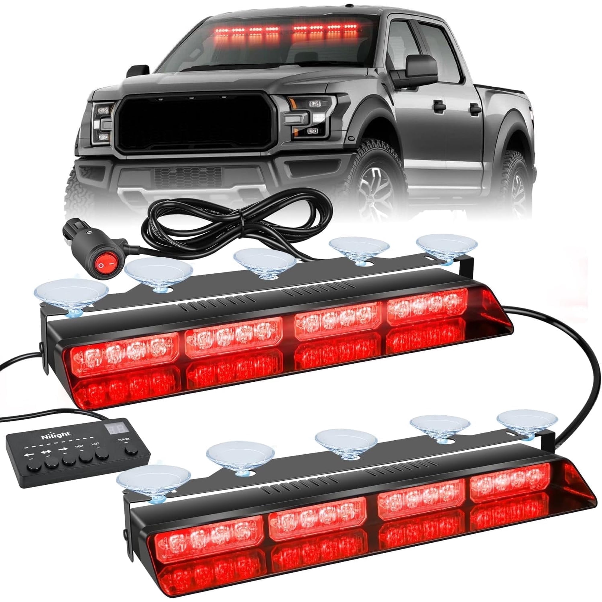Nilight 32Led Red Emergency Dash Strobe Lights with Controller Suction Cups Warning Hazard Interior Front/Rear Windshield Deck Split Light Bar