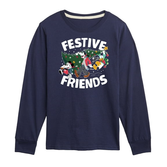 Disney - Mickey, Donald, & Goofy Festive Friends Christmas - Toddler & Youth Long Sleeve Graphic T-Shirt