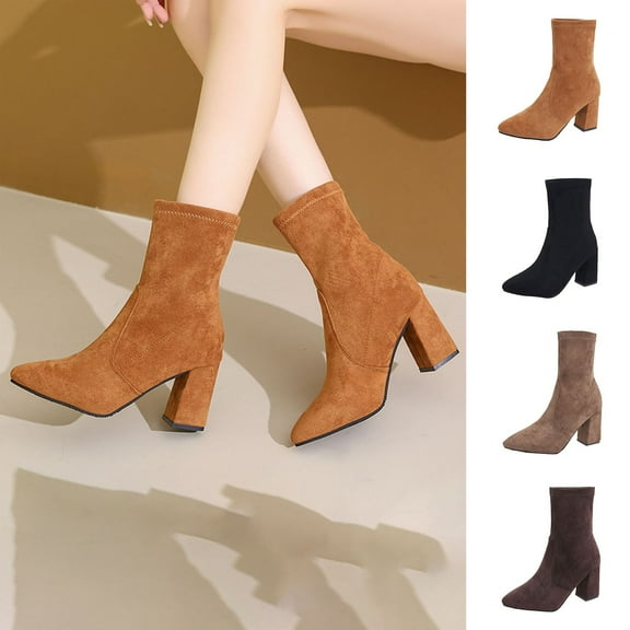 LOVZFMLL Boots for Women Mid Calf Chelsea Boots Pointy Toe Slip Resistant Mid Block Heel Suede Fall Winter Fashion Shoes