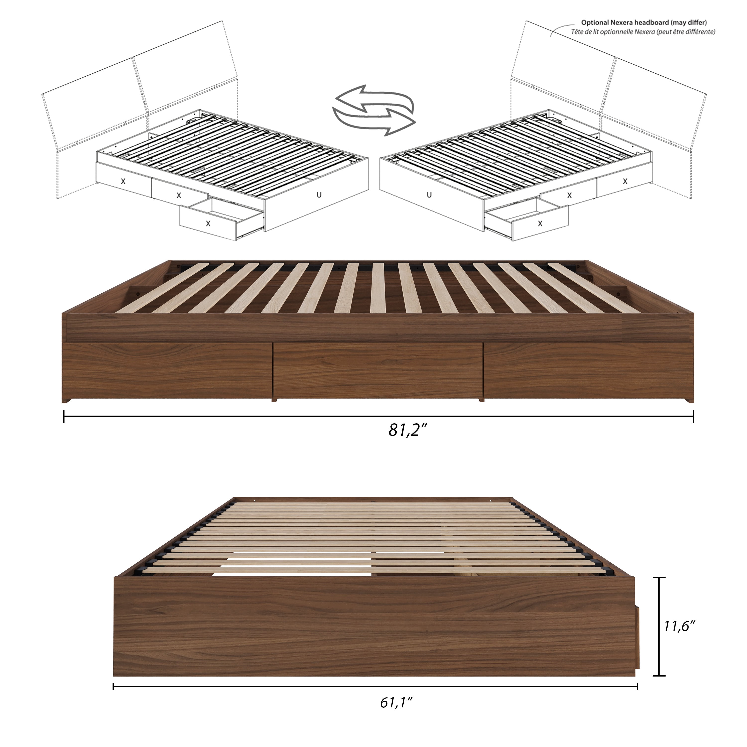 Nexera Queen Size Storage Wood Bed Frame with 3 Drawers, Walnut
