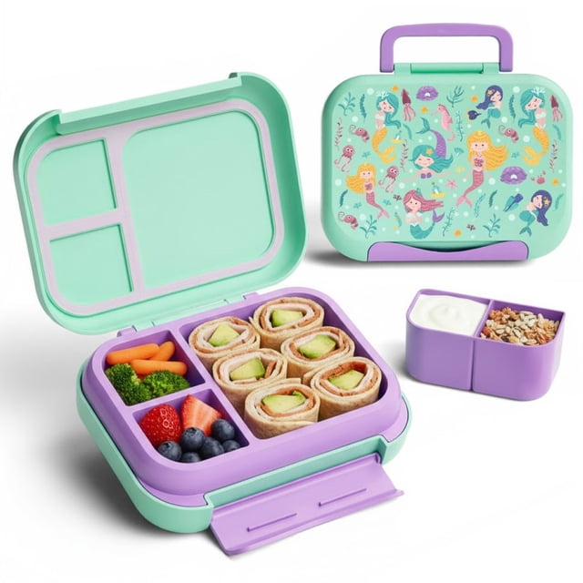 Lonchera para niña tipo bento box, lunch box con 3 divisiones, sellado hermetico, anti fugaz, (Sirena)