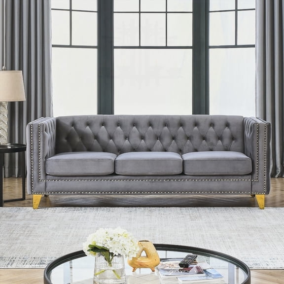 Modern Velvet Three-Person Sofa with Button Tufting and Metal Legs, 220×80×75cm for Living Room