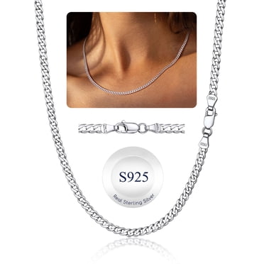 Suplight Solid 925 Sterling Silver Chain Necklace 3mm Flat Curb Cuban Link Chain Jewelry Gift for Men Women