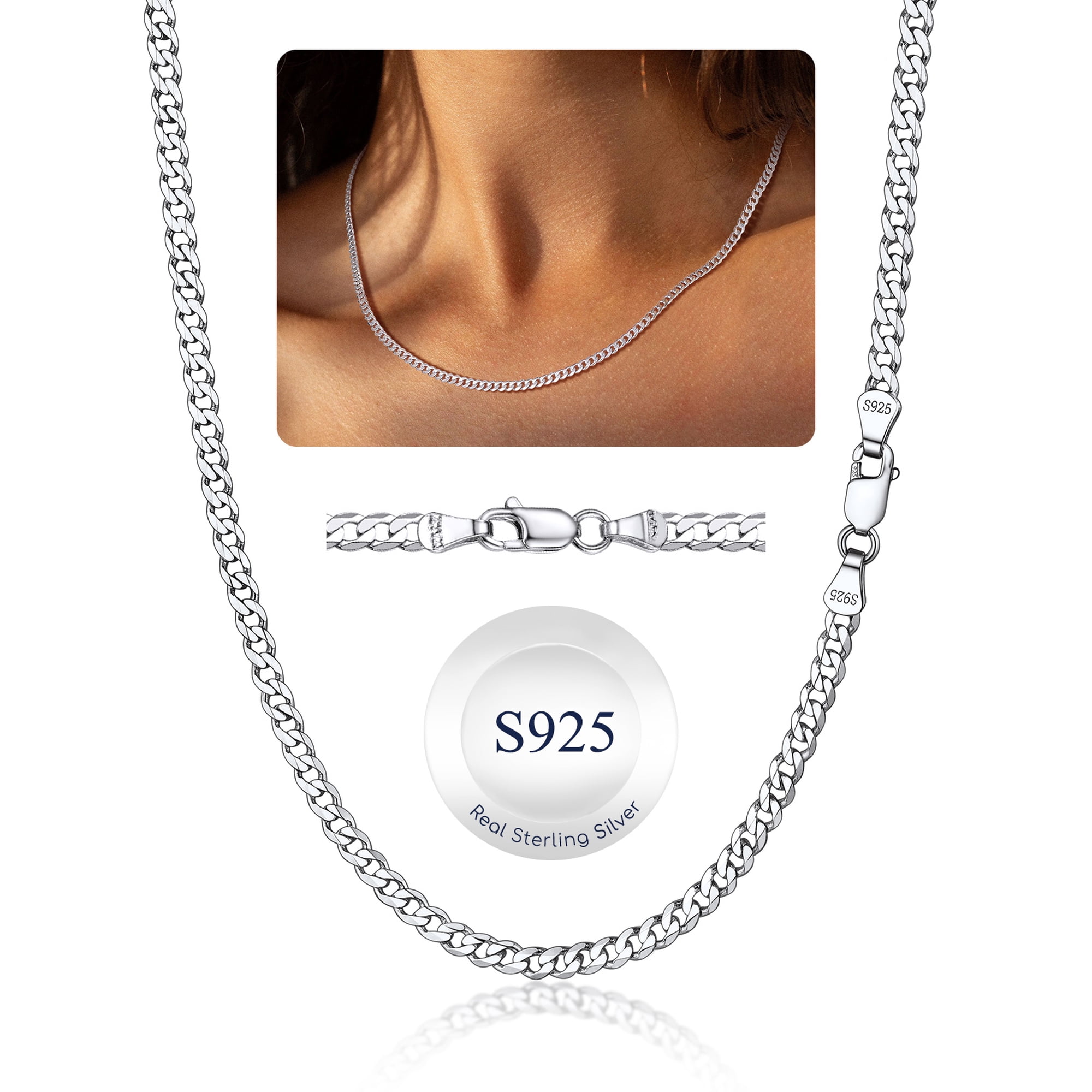 Suplight Solid 925 Sterling Silver Chain Necklace 3mm Flat Curb Cuban Link Chain Jewelry Gift for Men Women