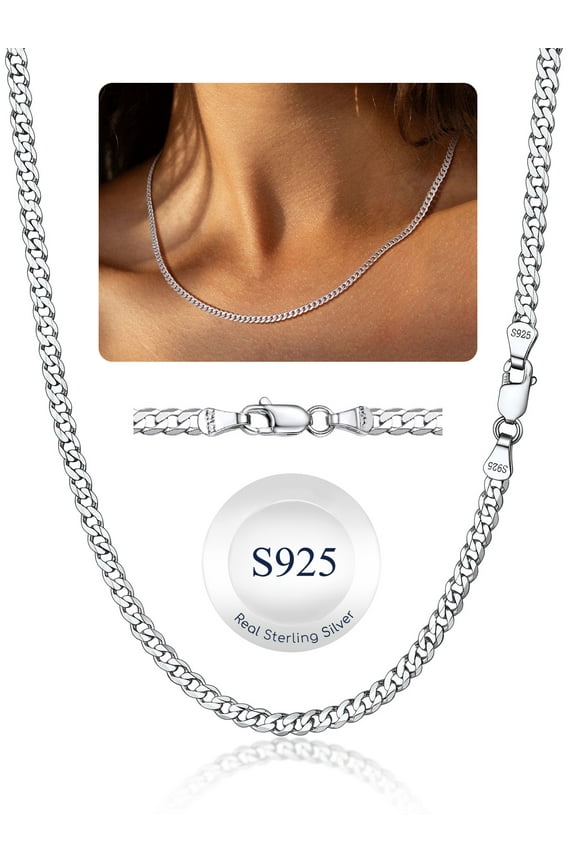 Solid 925 Sterling Silver Chain Necklace 3mm Flat Curb Cuban Link Chain Jewelry Gift for Men Women