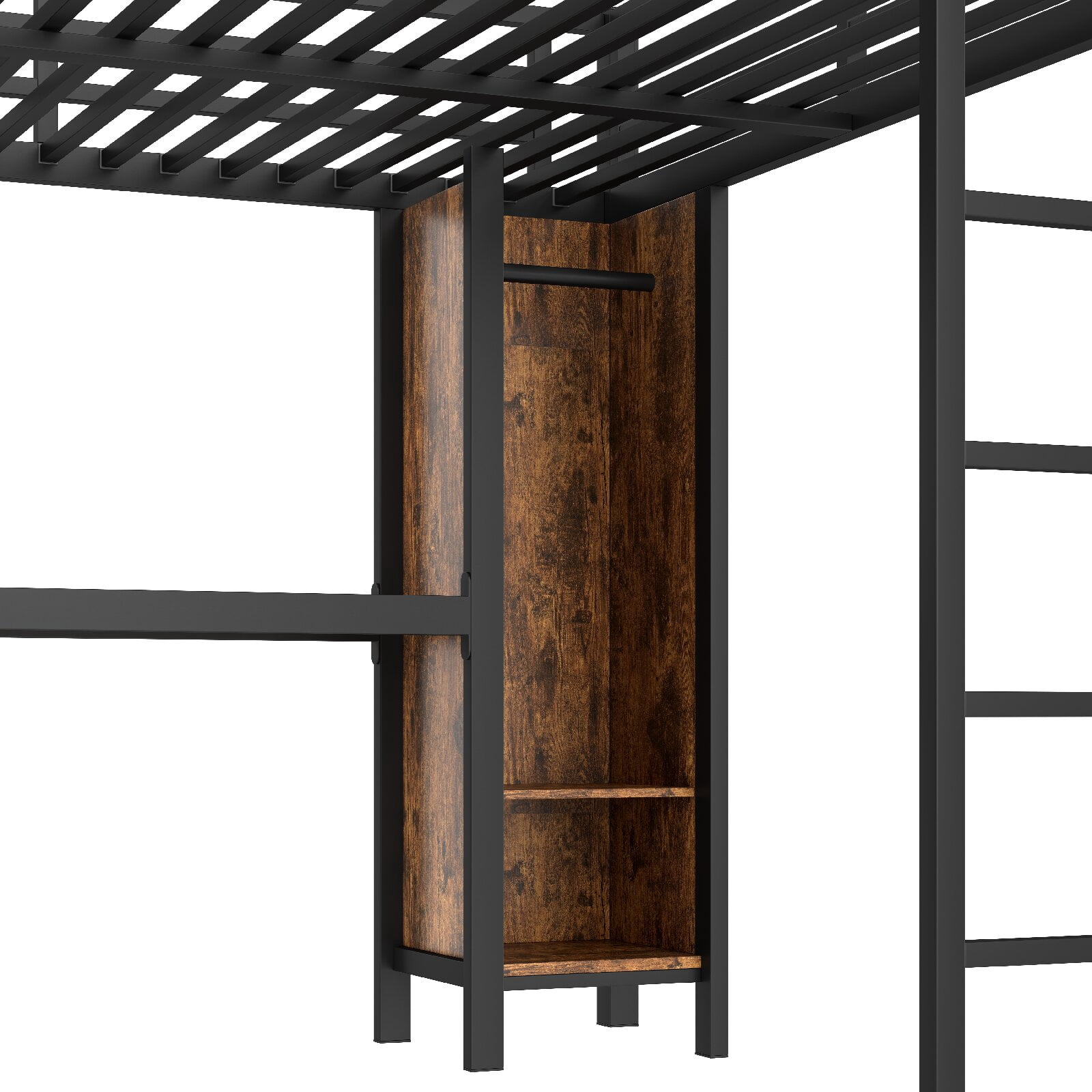 CNMMP Modern Metal Storage Queen Loft Bed with Wardrobe Black Woodgrain
