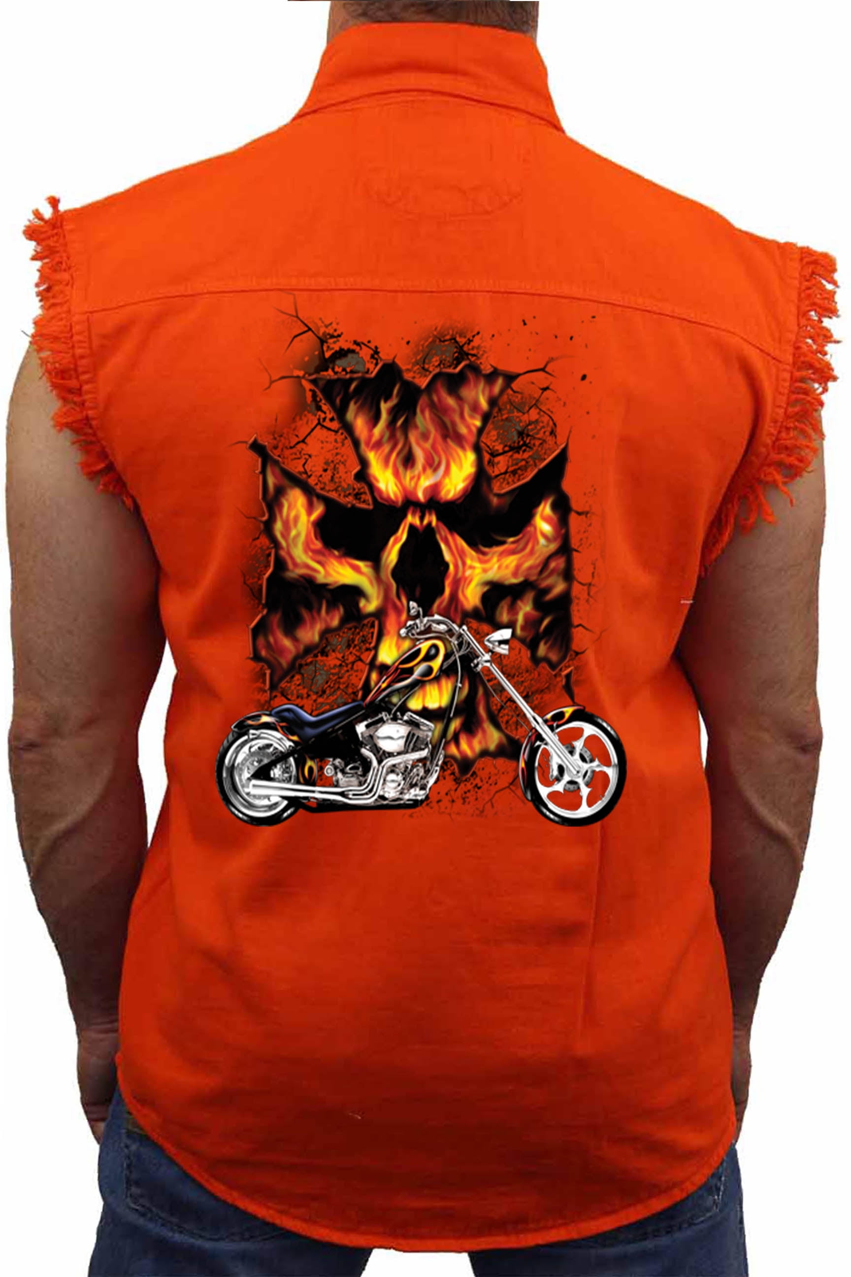 Mens Sleeveless Denim Shirt Motorcycle Flames Skull Cross Biker 