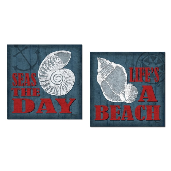 Nautical "Seas The Day" and "Life's A Beach" Poster Signs; Coastal Decor; Two 12x12in Poster Prints. Red/White/Blue