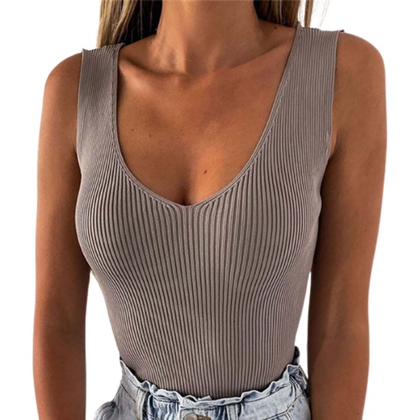 Gibobby Camiseta sin mangas halter sin mangas con cuello en V para mujer(Gris,G)