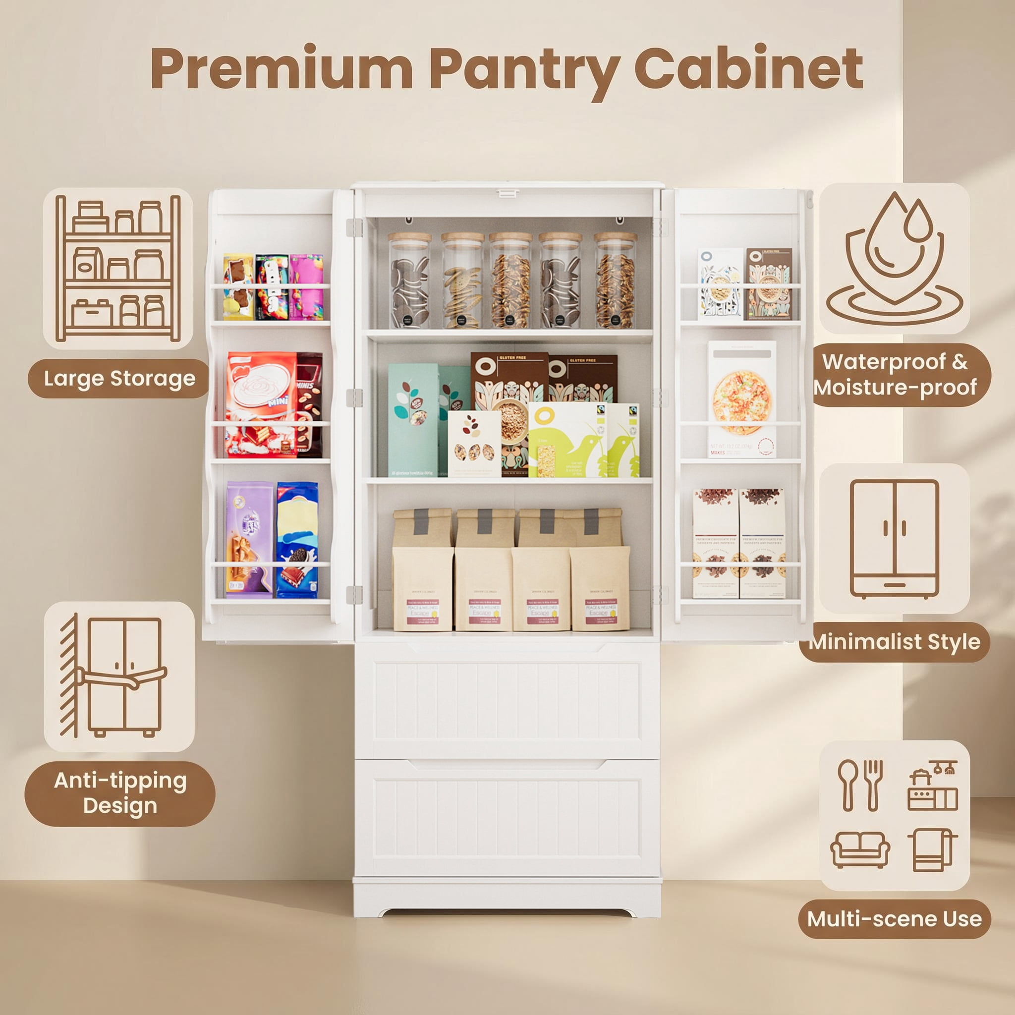 Pantry Cabinet, Lofka 63" Kitchen Pantry Storage Cabinet with Magnetic Doors and 9 Shelves, White