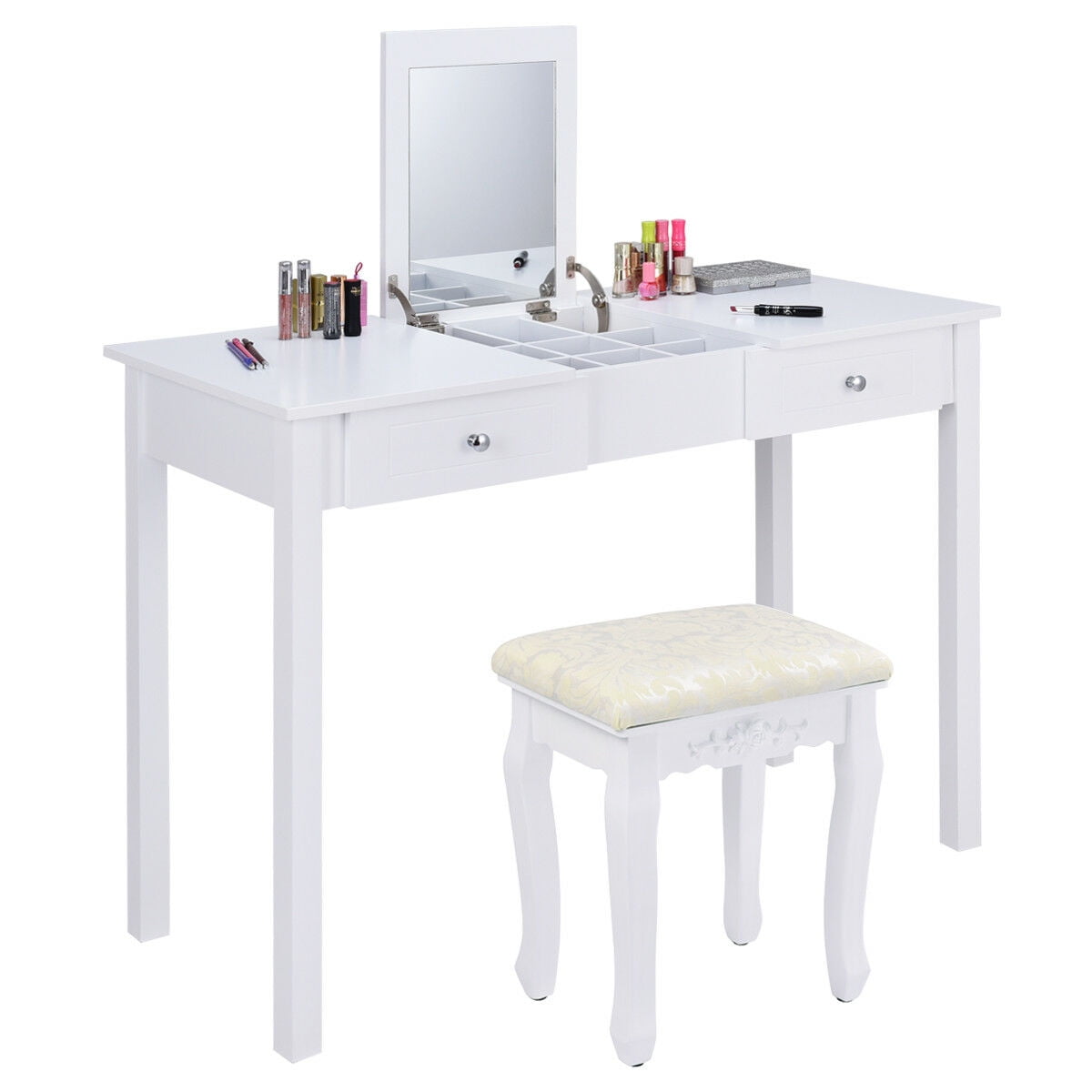 Costway Vanity Table Dressing Table Flip Top Desk Mirror 2 Drawers