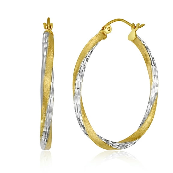 Wellingsale Ladies 14k Two Tone White and Yellow Gold Polished Diamond Cut 2.6mm Hinged Hoop Earrings (30 x 30 mm)