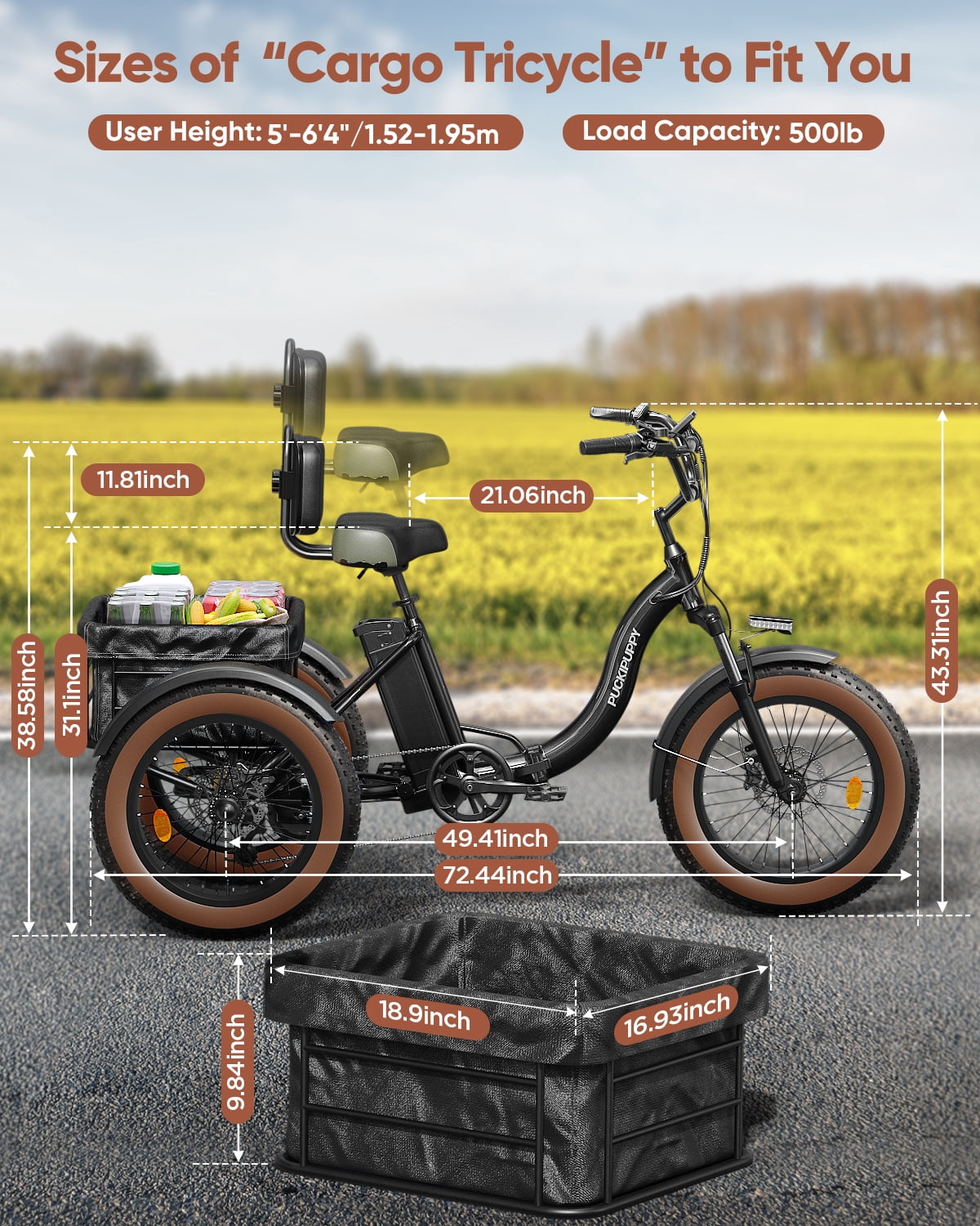 PUCKIPUPPY Electric Tricycle for Adults 960W Rear Motor 55Miles Range 20mph Max Speed 20" Fat Tire Electric Trike 3 Wheel Electric Bike 48V 15AH Battery E-Mountain Bike, Comply with UL2849 By SGS