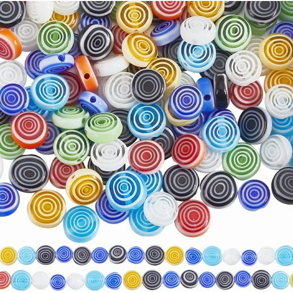 1 Box 144Pcs 3 Strands Flat Lampwork Beads Bulk Millefiori Glass Bead Round Stripe Devil's Eye Loose Spacer Handmade Bead Strands for Jewelry Making Bracelets Necklaces DIY Crafts