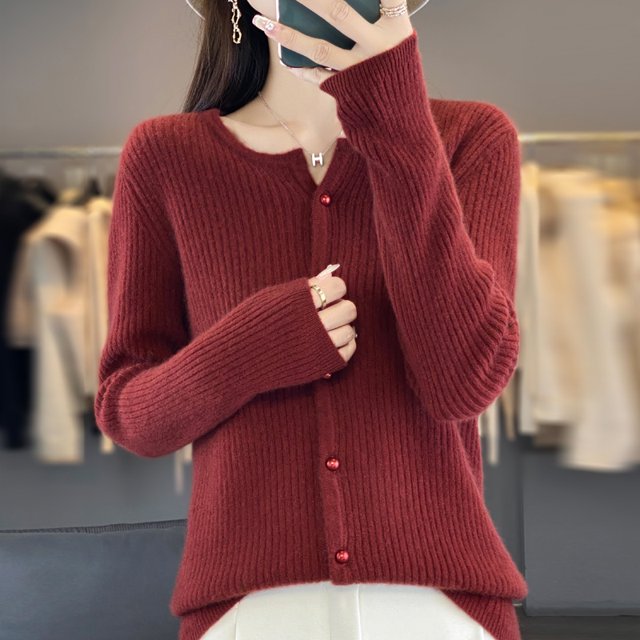 Cárdigan de lana merino 100 % con cuello redondo de color sólido para mujer, chaqueta holgada de otoño e invierno, nuevo suéter de punto con cuello en V, top de moda