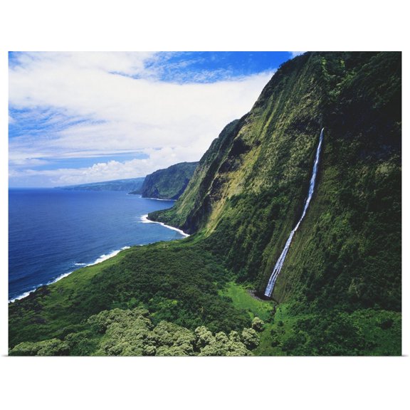 Great BIG Canvas | Rolled Greg Vaughn Poster Print entitled Hawaii, Big Island, Hamakua Coast, Waterfalls Cascade Into The Ocean