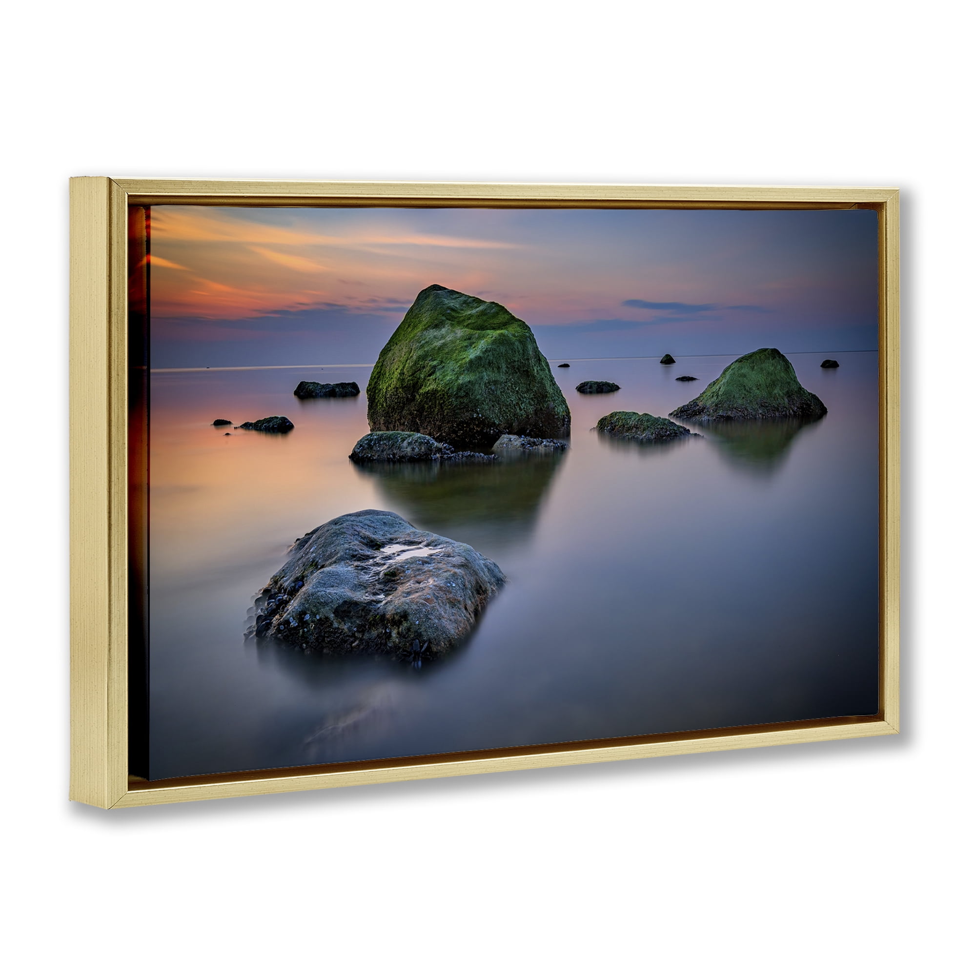 Stupell Industries Mossy Rocks Protruding Sea Landscape & Nature Photography Gold Floater Framed Canvas Art Print Wall Art, 25 x 17