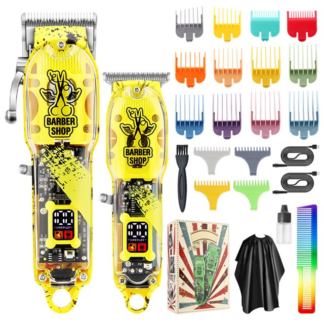 yeacher Professional Electric Hair Clipper Set with LED Display, 12 Color-Coded Combs, Long Battery Life, and Accessories for Men's Grooming - Yellow Scissors Design