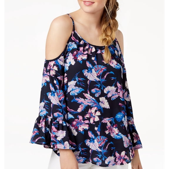 7 Sisters Juniors Printed Bell-Sleeved Top Navy Floral L