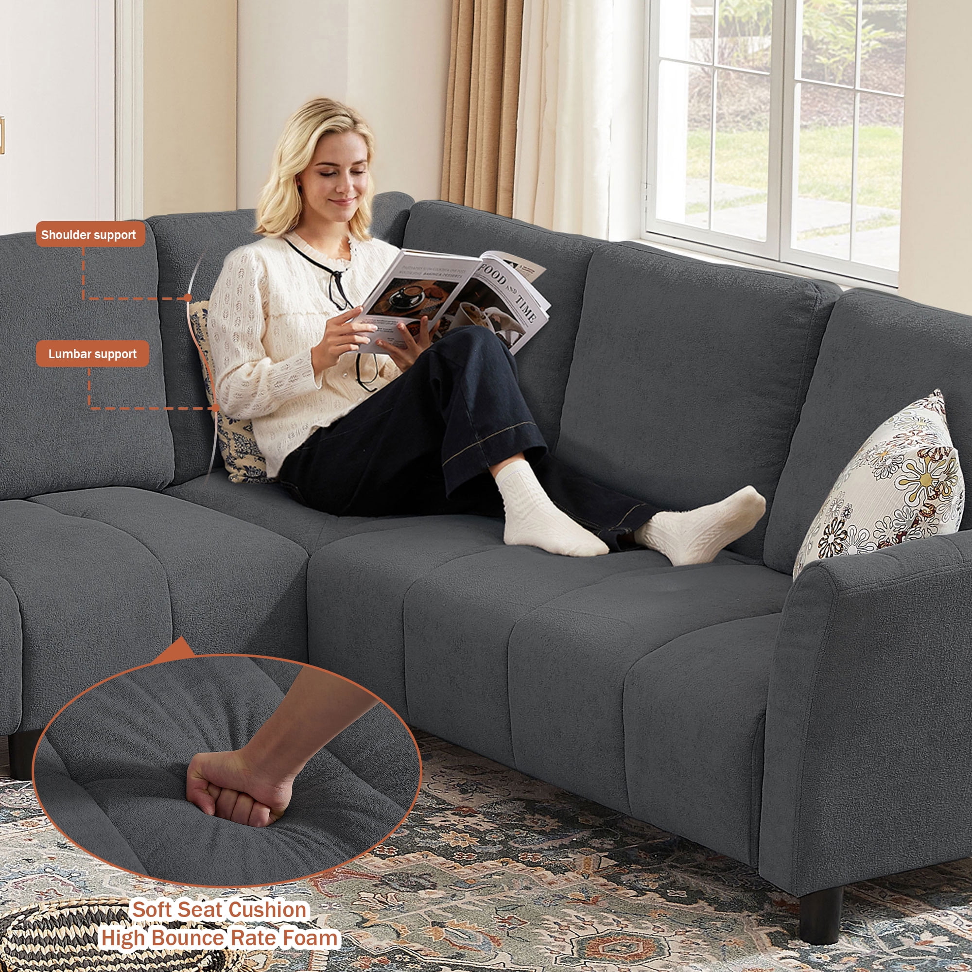 Pingliang Home 102" Convertible Sectional Sofa with Long Ottoman,Upholstered Oversized Modern 6 Seat L Shaped Couch Corner Sofa with Back Cushions for Living Room Apartment Office Studio