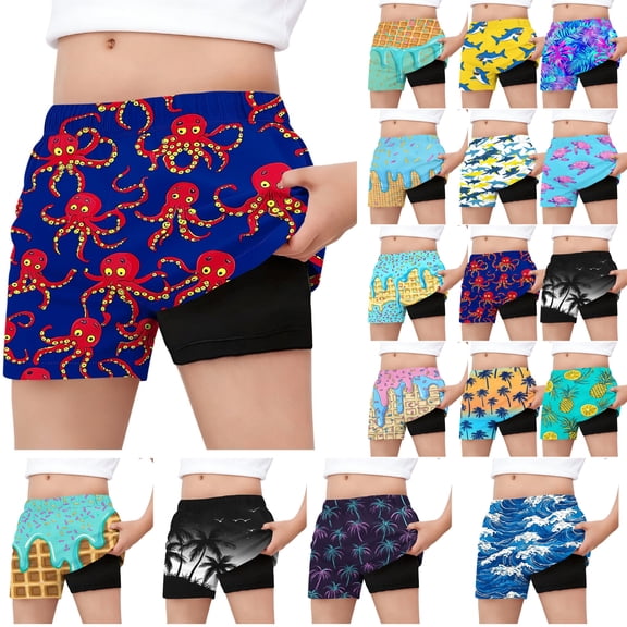 Gamivast Swim Trunks for Boys Icecream Print Compression Liner Trunks Summer Beach Volleyball Wear Athletic Sporty Bottoms Quick Dry 2-In-1 Swim Board Shorts