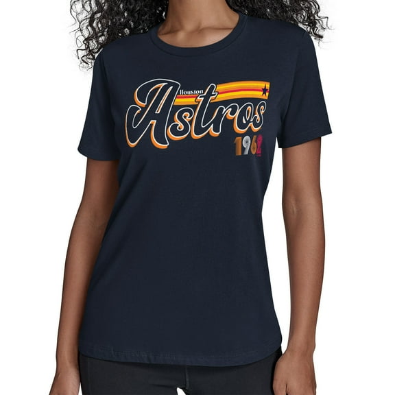 Women's Starter Navy Houston Astros Groovy Script Team Fitted T-Shirt
