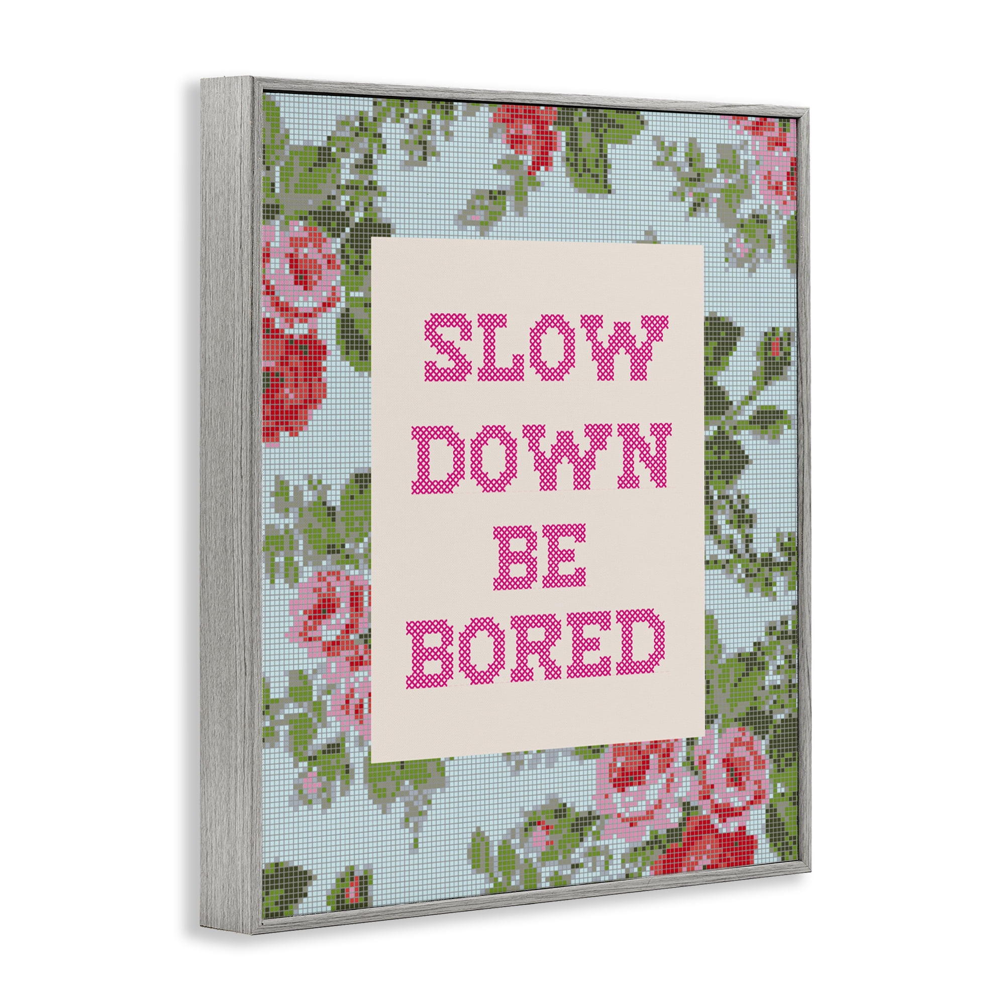 Stupell Industries Slow Down Be Bored Faux Cross Stitch Gray Framed Giclee Art, design by Lil' Rue