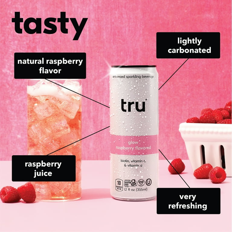 Tru Glow Seltzer Raspberry Flavored Biotin Sparkling Water 12 Pack