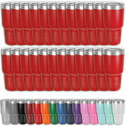 Clear Water Home Goods - Pack of 24 Bulk - 30 oz. Tumblers 18/8 Stainless Steel Double Wall Vacuum Insulated Water Bottle and Travel Coffee Mug Cups with Clear Lid, Powder Coated - Red