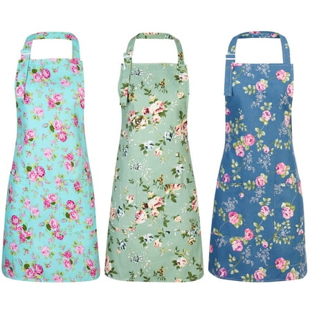 AOWOO 3 Pack Floral Aprons for Women, Adjustable Kitchen Aprons with 2 Pockets Vintage Cute Rose Floral Apron Chef Bakers Apron for Cooking Baking Gardening Apron Gift for Mom Wife Sister Grandma