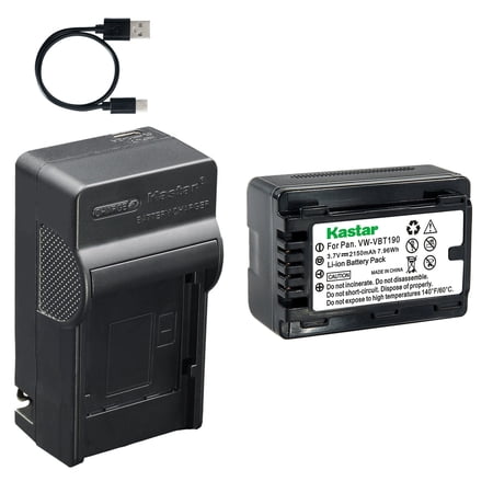 Kastar 1-Pack Battery and AC & USB-C Charger Compatible with VBT190 VBT380 Camera for Panasonic HC-V110 V130 V160 V250 V270 V380 V520 V550 V720 V750 V770 V800 VX870 WX970 WXF990 Camcorder