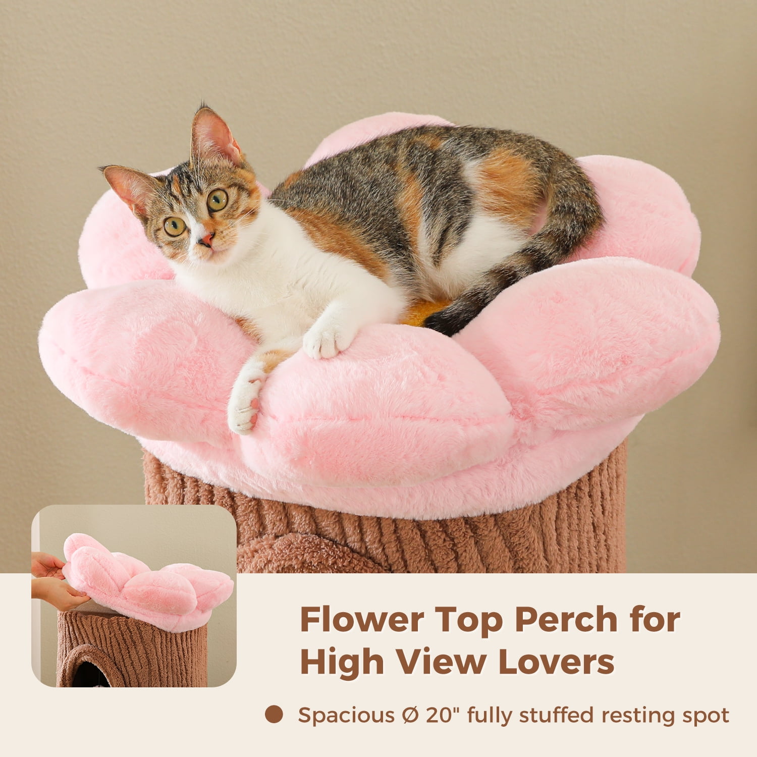 Pefilos 68" Tall Forest Cat Tree Tower with 4 Condos, Flower Top Bed & Thick Scratching Post (φ3.8in), Large Heavy Duty Tree That Looks Like a Tree for Multi-Cat, Brown