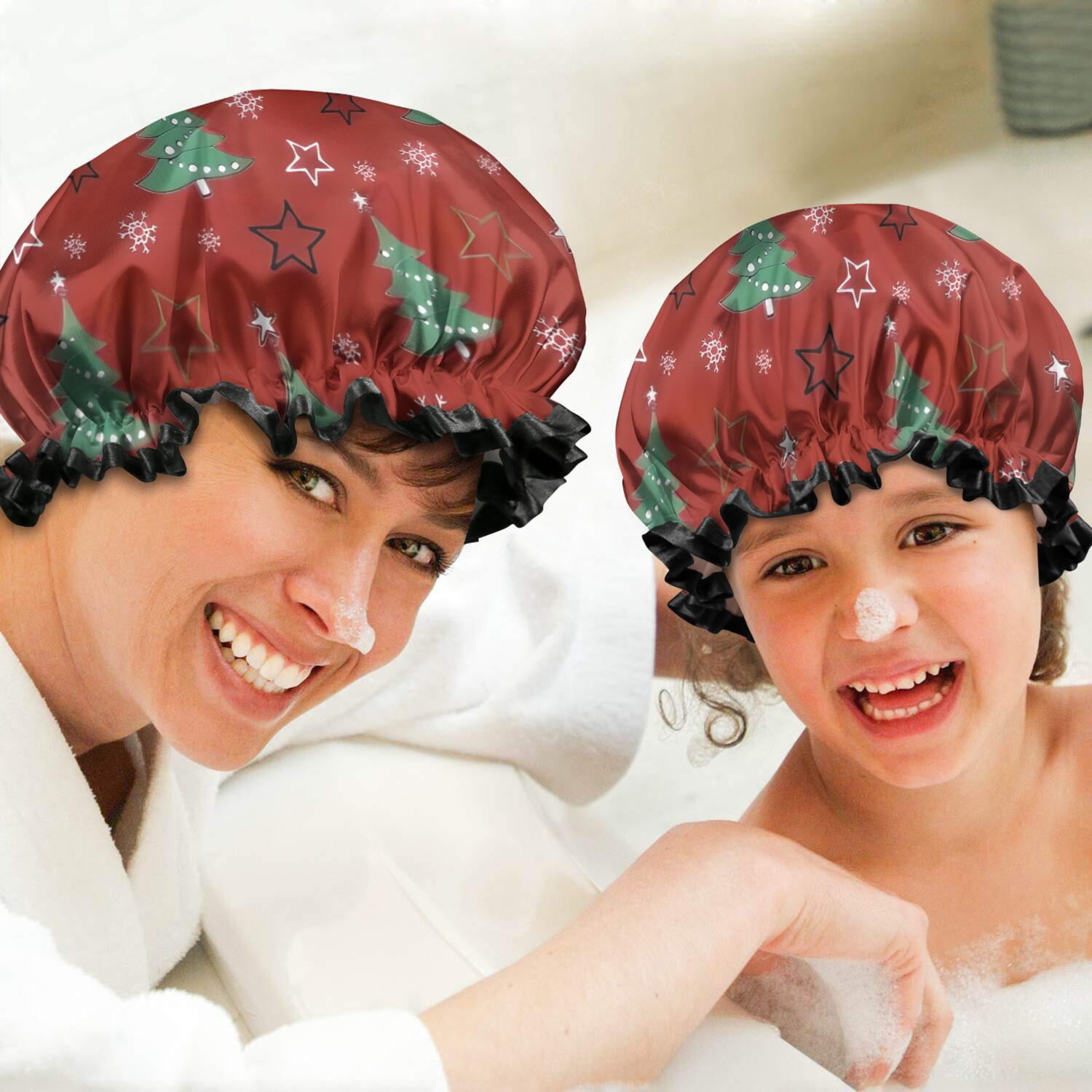 Shower Caps,Red Christmas Tree Pattern Waterproof Shower Cap for Women 4 Pieces,Double Reusable Hair Cover for Shower PEVA Elastic Stretch Hem
