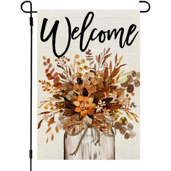 Shmbada  Fall Garden Flag Floral Mason Jar 12x18 Inch Double Sided for Outside Small Welcome Burlap Autumn Seasonal Yard Decoration
