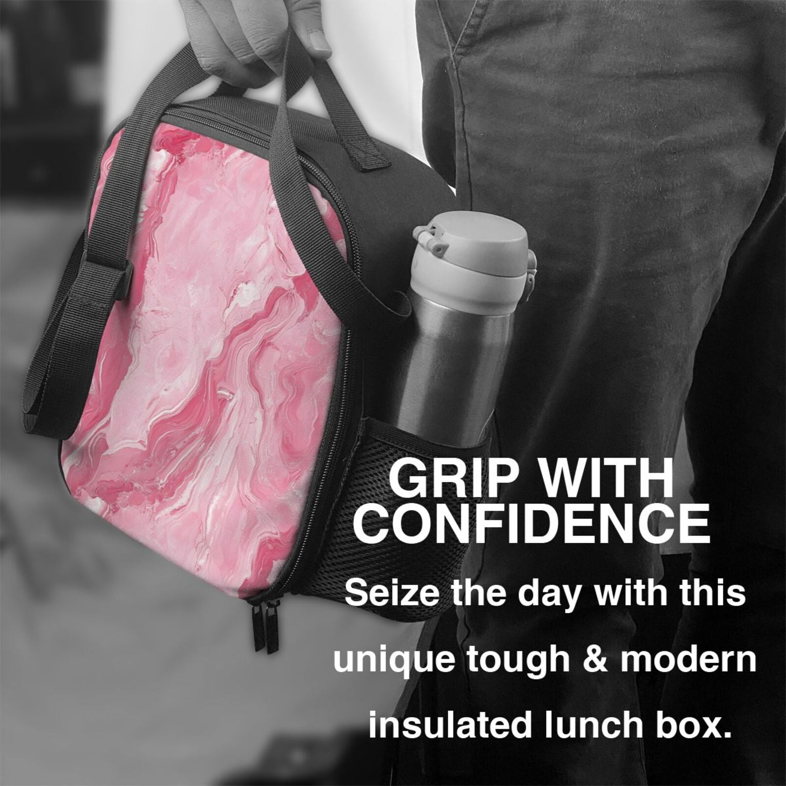 Thermal Insulation One Shoulder Portable Bento Bag Can Be Reused 8×10.5in For Carrying Drinks Bento Box Fruit Snacks Pink Marble_21256_4