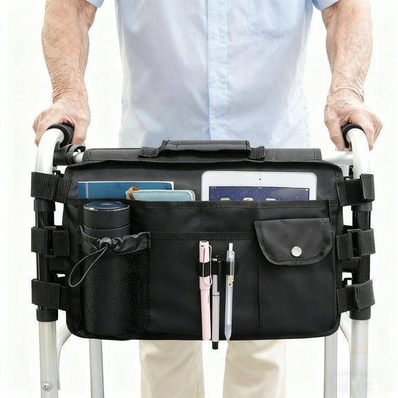 Upgraded Walker Basket for Folding Walker, Double Sided Walker Bag with Multi Pockets Cup Phone Holder Large Capacity Storage Basket for Seniors Walkers, Rollators