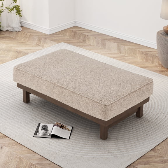 Modern Boucle Upholstered Cocktail Ottoman with Rubber Wood Legs, Light Brown