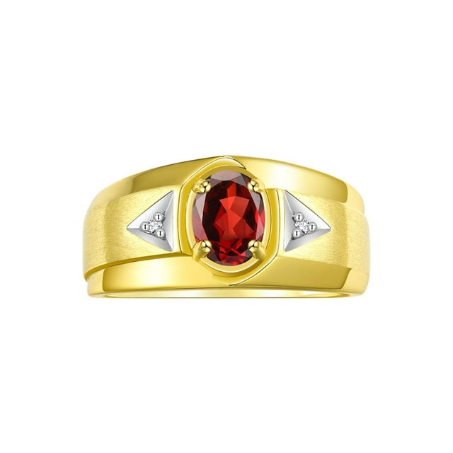 RYLOS Men's Rings 14K Yellow Gold Classic 7X5MM Oval Gemstone & Diamond Ring Garnet January Birthstone Rings For Men, Gold Rings Size 11