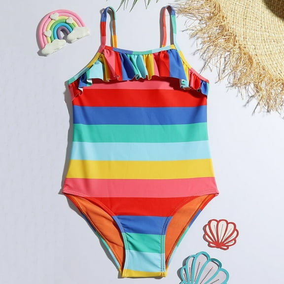 URMAGIC 7-11T Child Girls Rainbow Spaghetti Strap One-Piece Swimsuit Flounce Swimwear