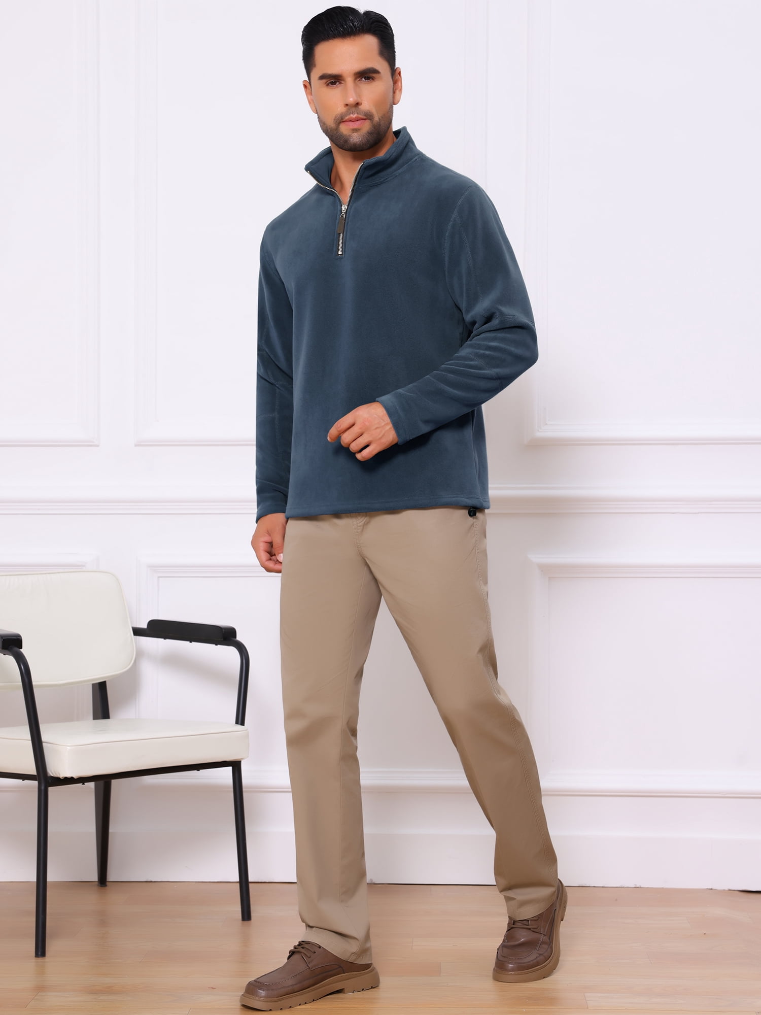 DARING DIVA Men's Solid Stand Collar Half-Zip Long Sleeve Fleece Sweatshirt L Navy Blue