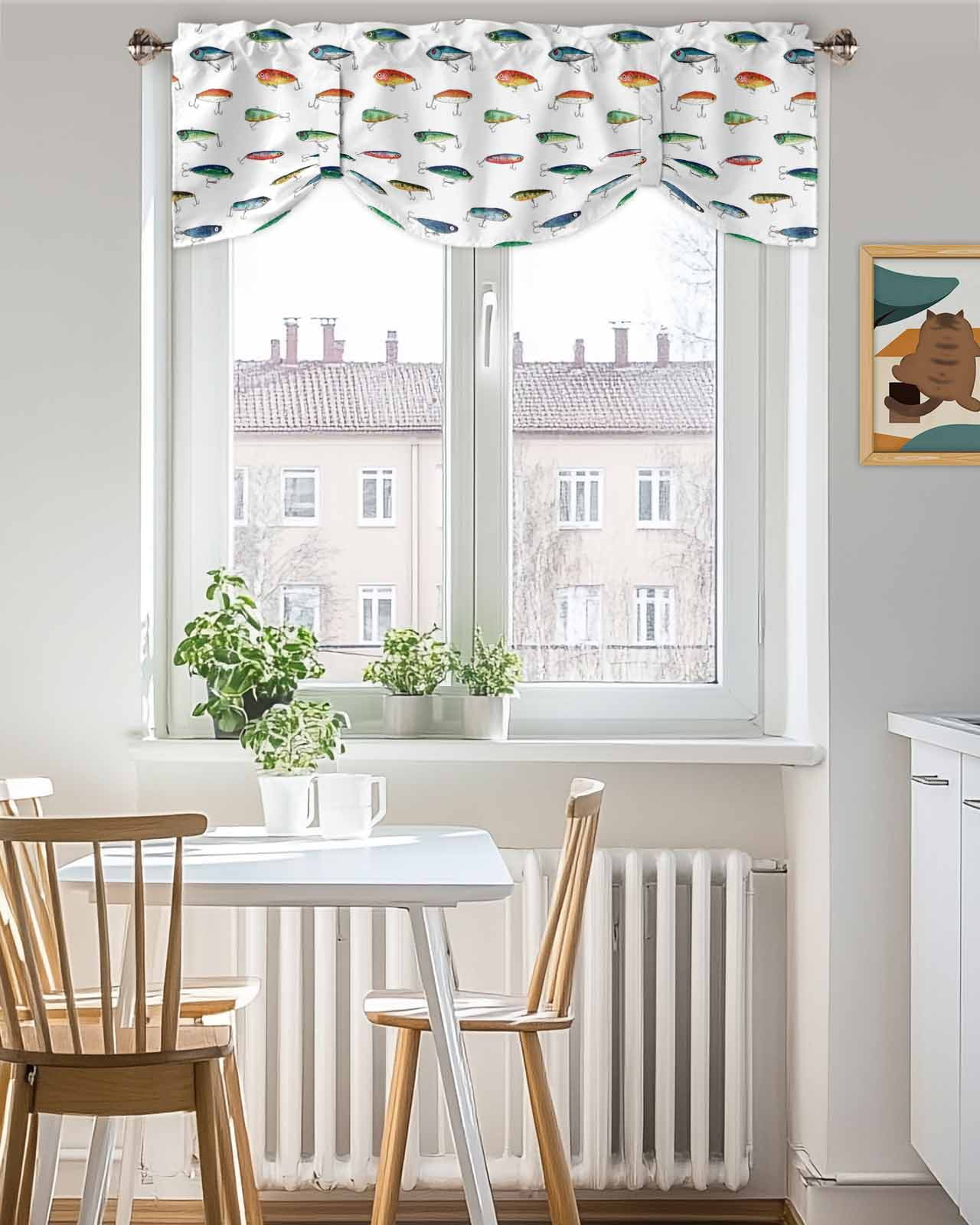 Fish Tie Up Valances Curtain, Adjustable Kitchen Colorful Hook Bait Leisure Fishing Watercolor Valances for Windows Decor, Rod Pocket Short Curtains Set for Bedroom/Bathroom, 60"x18"