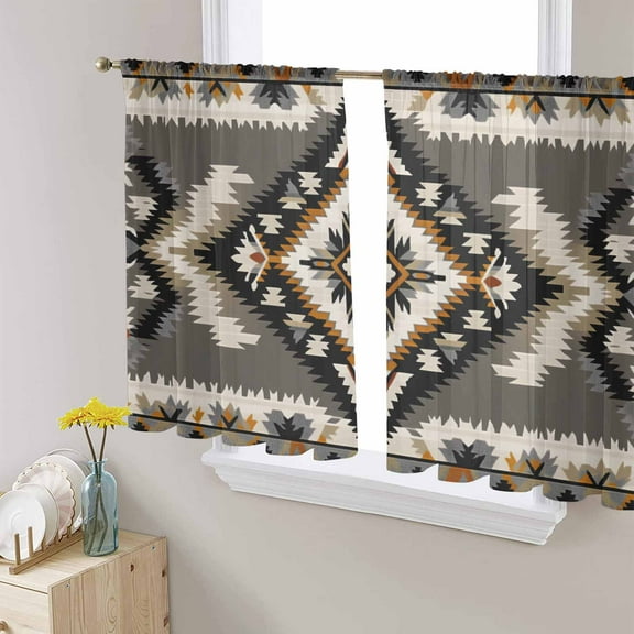 Grey Orange Black Semi Sheer Curtains 54 Inch Length 2 Panels Set, Boho Ethnic Geometric Southwestern Sheer Kitchen Curtain Privacy Voile Window Curtain for Living Room Bedroom Rod Pocket Drapes