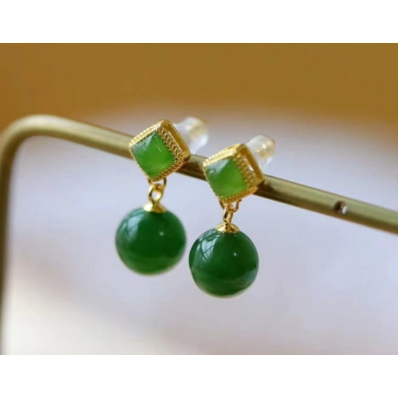 Vintage jade earrings square round, natural green pendant jadeite stone -