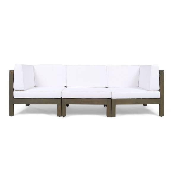 GDF Studio Cascada Outdoor Acacia Wood 3 Seater Sofa with Cushions, Gray and White