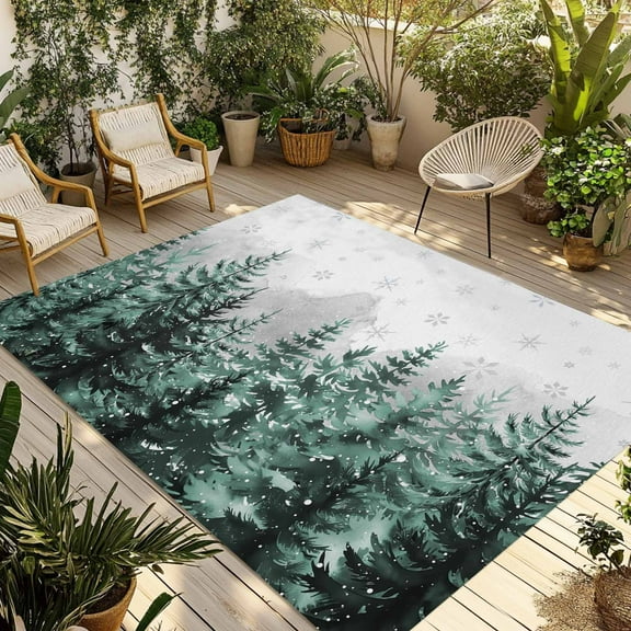 Fsddascl Green Christmas Tree Outdoor Rug for Patio/Deck/Porch, Non-Slip Large Area Rug 5 x 8 Ft, Xmas Snowflake Forest Indoor Outdoor Rugs Washable Area Rugs, Reversible Camping Rug Carpet Runner