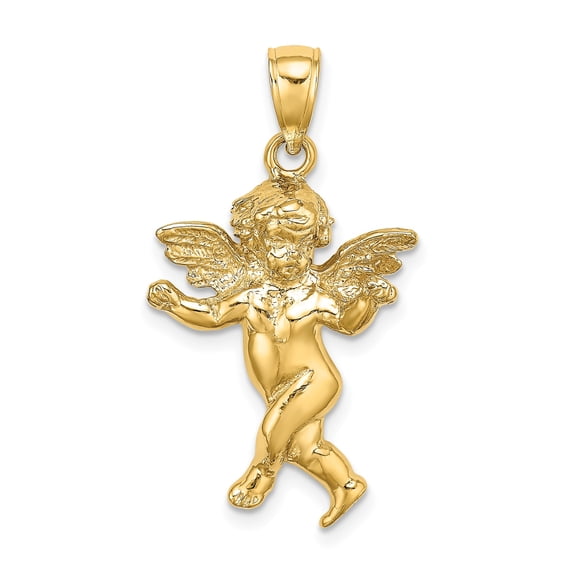 14K Yellow Gold Guardian Angel Pendant Charm, Polished, 29.1 mm