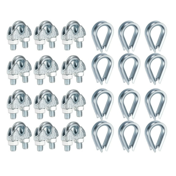 12 Pcs M5 Steel Wire Rope Clip Clamps and Thimble Set, 3/16" Wire Rope U-Bolt Cable Clamps Saddle Fastener