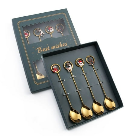 

4/6 pcs Creative Electroplate Dessert Spoon Christmas Series Stainless Steel Spoon and Fork Dinnerware Sets Christmas Decor Christmas Gift GOLD 8