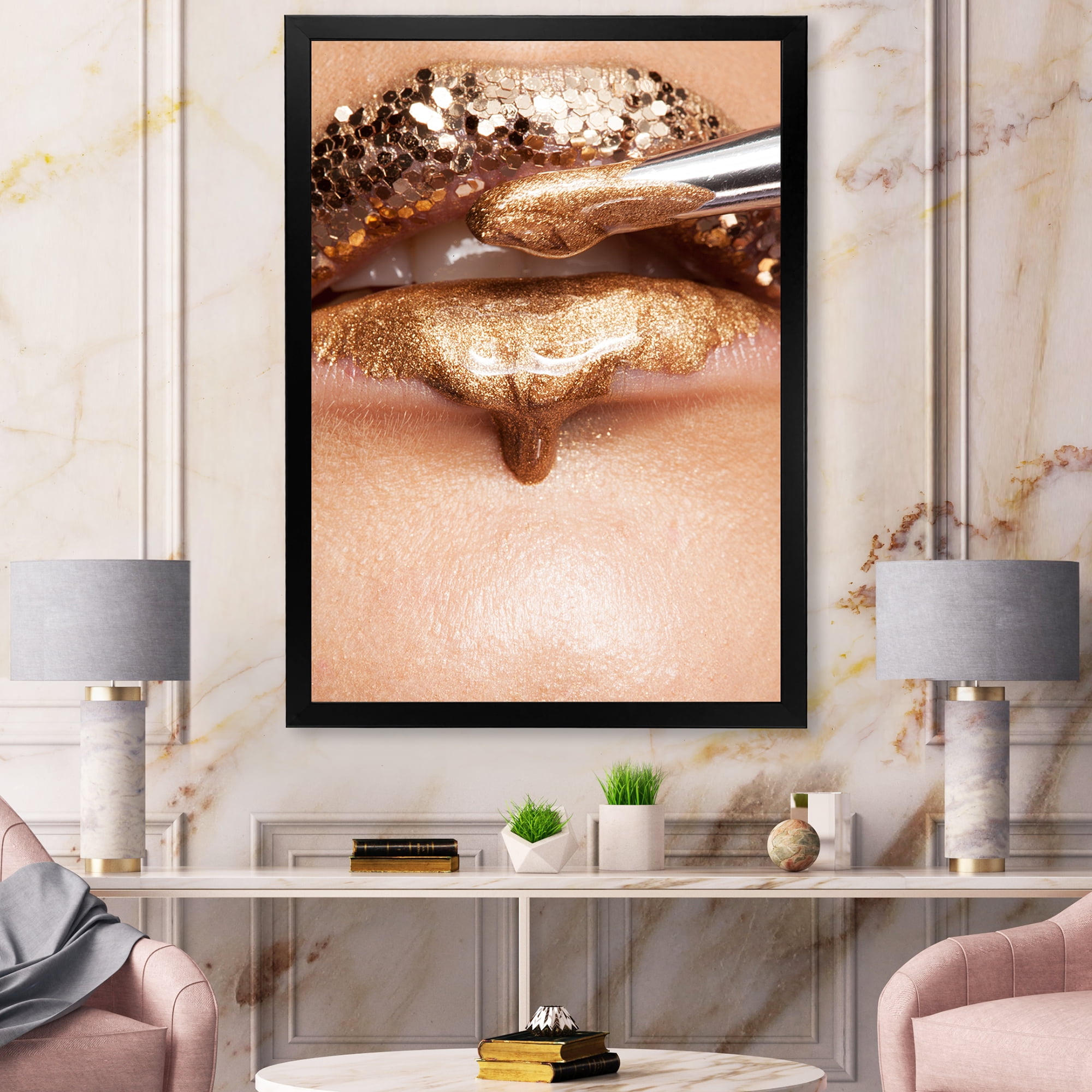 Designart 'Lipstick and Makeup On The Face Of A Beautiful Model' Modern Framed Art Print
