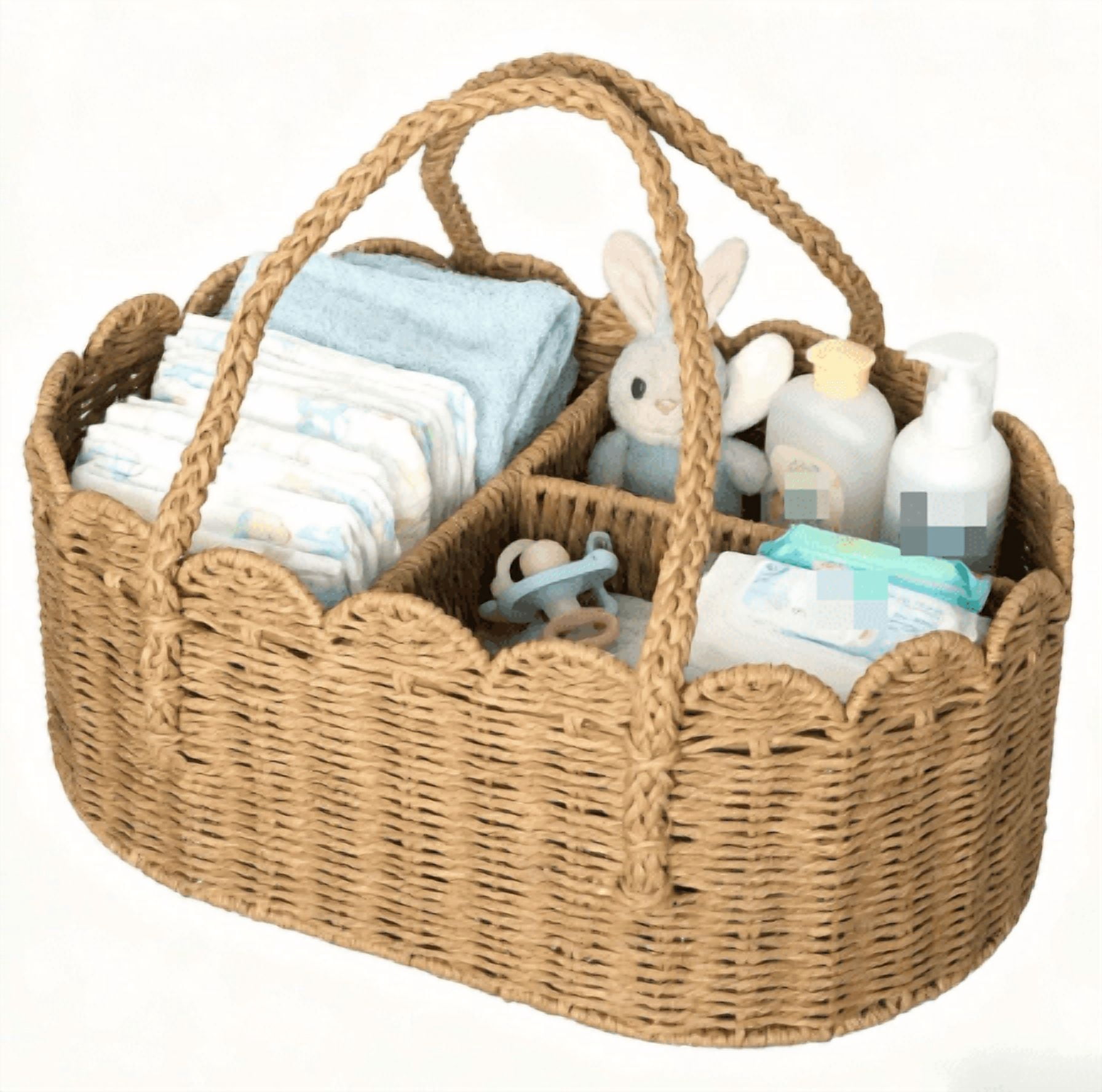2026 Rattan Diaper Caddy Organizer, Woven Paper Rope Storage Rattan Baskets with Removable Divider, Portable Car Organizer for Diapers, Shower Gifts, Essentials Must Haves
